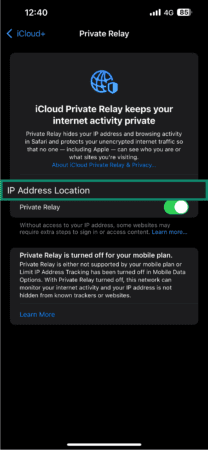 Private Relay settings menu, showing the IP Address Location option.