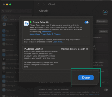iCloud Private Relay window showing the option to toggle the feature on or off