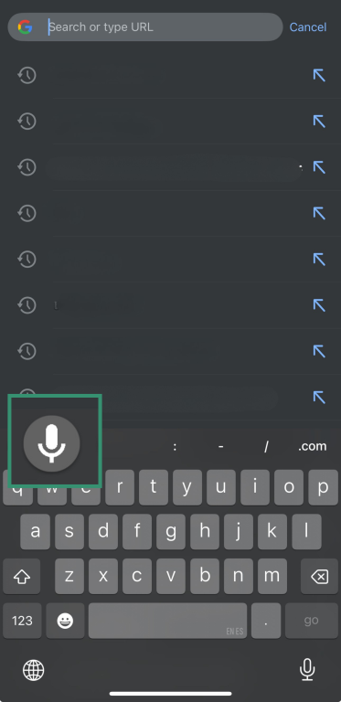Chrome on iPhone showing the keyboard’s microphone icon for voice dictation.