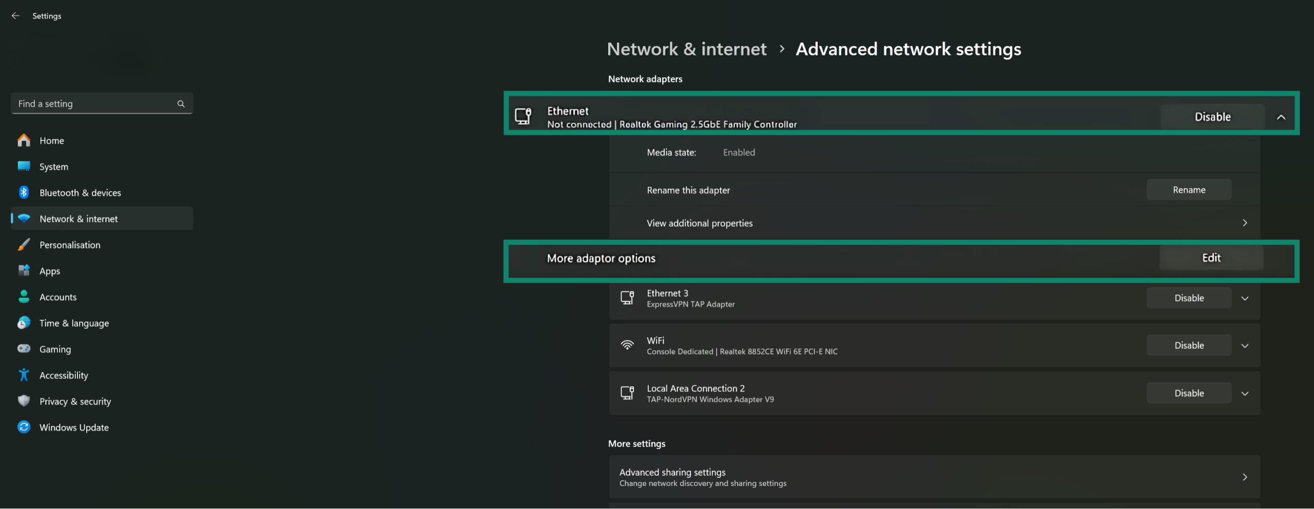 Windows 11 Advanced network settings highlighting the active network adapter and More adapter options.