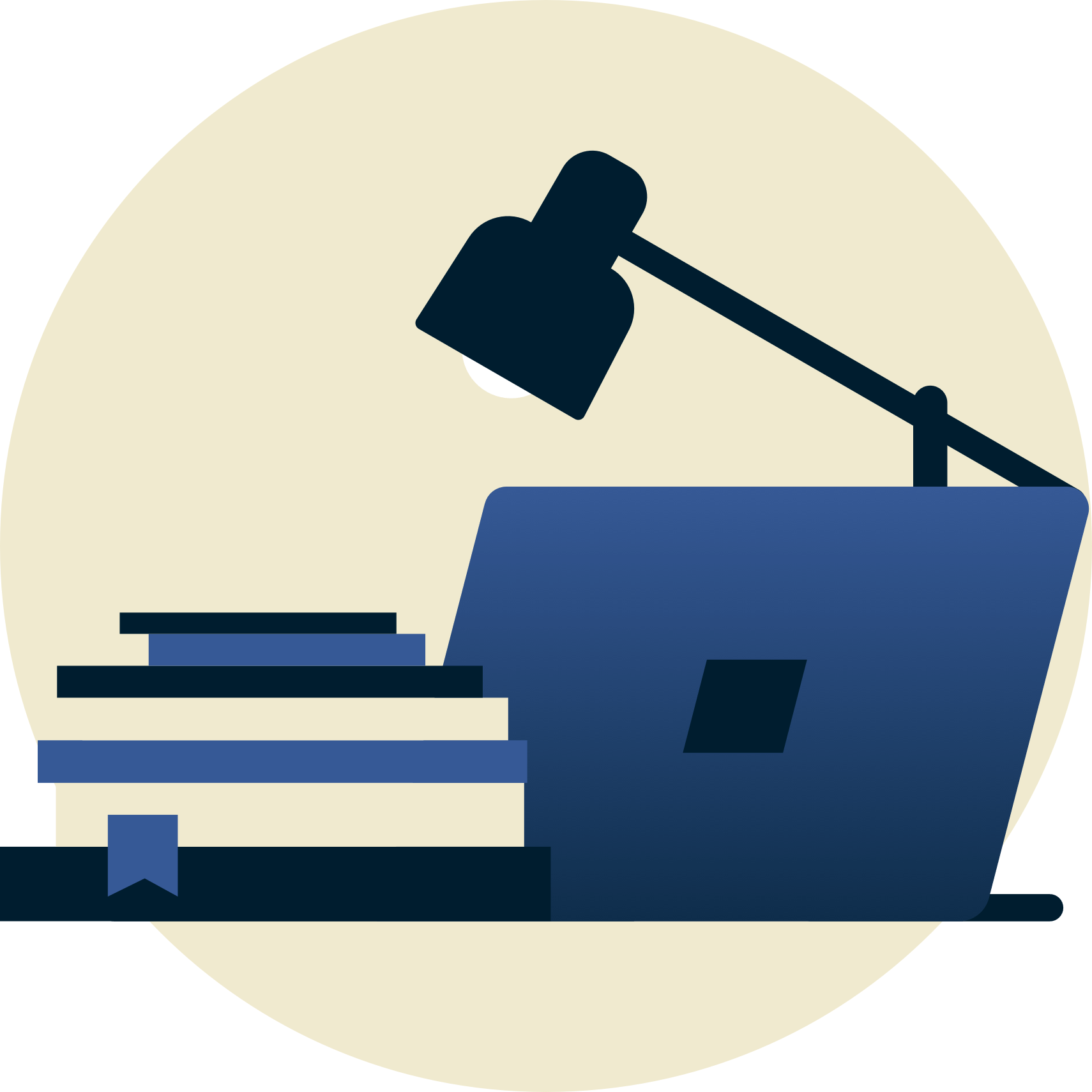 Лампа над учебниками и ноутбуком, который развернут экраном от вас.